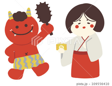 金棒を持った赤鬼と福豆を持った福のイラスト 109556410