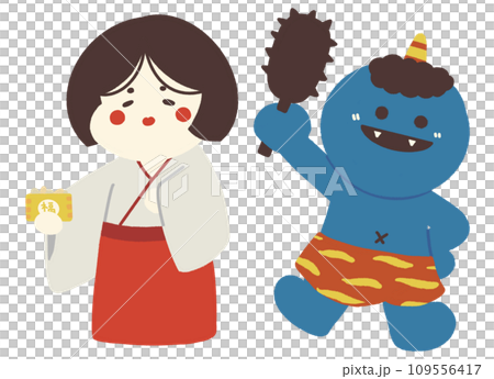 Illustration of Ao Oni and Fuku holding a gold stick Illustration of Ao Oni and Fuku holding a gold stick 109556417