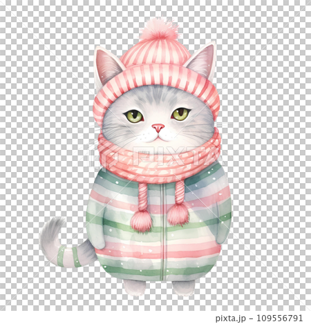 Watercolor cat with a bow in winter for Christmas festival on transparent background  109556791
