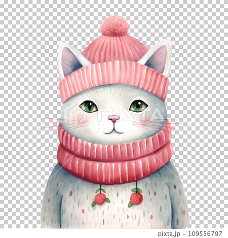 Watercolor cat with a bow in winter for Christmas festival on transparent background  109556797