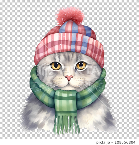 Watercolor cat with a bow in winter for Christmas festival on transparent background Watercolor cat with a bow in winter for Christmas festival on transparent background 109556804