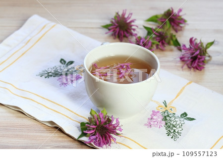 Cup of herbal tea from Monarda didyma flower head and leaves with cinnamon 109557123