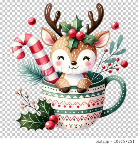 Cute reindeer in Festive Christmas Mug with Candy and Holly Cute reindeer in Festive Christmas Mug with Candy and Holly 109557251