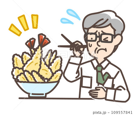 天丼を前に胃の調子が不安になる男性 109557841