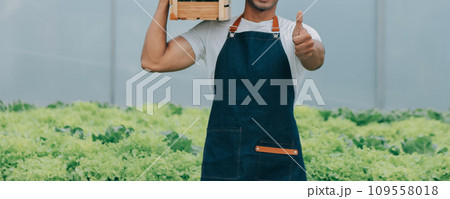 Young Asian woman and senior man farmer working together in organic hydroponic salad vegetable farm. Modern vegetable garden owner using digital tablet inspect quality of lettuce in greenhouse garden. 109558018