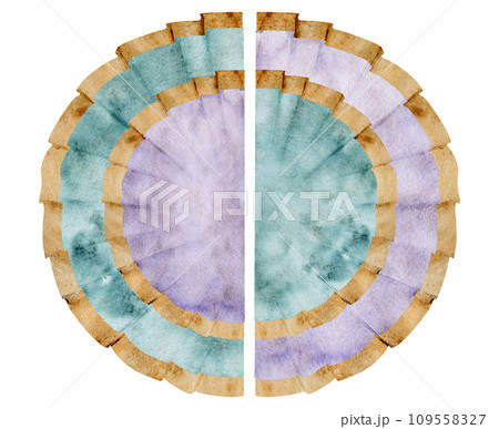 Hand drawn watercolor Mardi Gras carnival symbols. Textile pelmet decoration drape banner, gold purple green. Single object isolated on white background. Design party invitation, print, shop, wedding 109558327