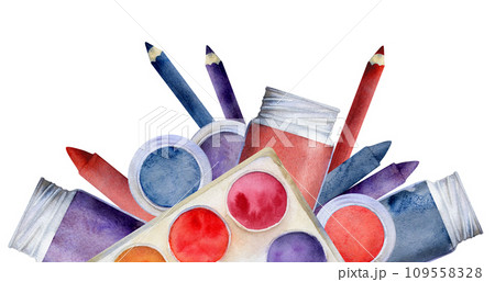 Watercolor hand drawn illustration, kids children painting materials supplies, red blue purple art stationery. Seamless border isolated on white. For school, kindergarten, party, cards, website, shop. Watercolor hand drawn illustration, kids children painting materials supplies, red blue purple art stationery. Seamless border isolated on white. For school, kindergarten, party, cards, website, shop. 109558328