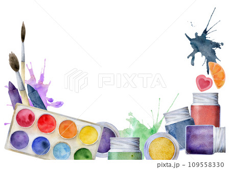 Watercolor hand drawn illustration, kids children painting materials supplies, art multicolor stationery, splashes. Horizontal frame isolated on white. School kindergarten, party, cards, website, shop Watercolor hand drawn illustration, kids children painting materials supplies, art multicolor stationery, splashes. Horizontal frame isolated on white. School kindergarten, party, cards, website, shop 109558330