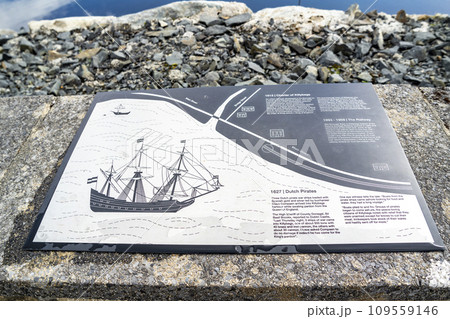 Killybegs, Ireland - September 24 2022 : Sign explaining the dutch pirates 109559146