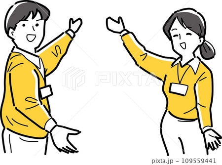 笑顔で案内する男女社員 109559441