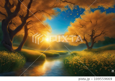 Misty forest sunrise with yellow flowers and tranquil water 109559669