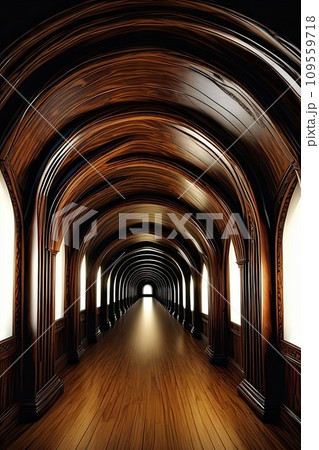 Empty urban corridor with a vanishing point and arcade arches. 109559718