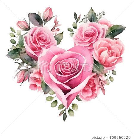 Watercolor Classic Valentine Clipart, Roses in the shape of a heart , Ai Generate Watercolor Classic Valentine Clipart, Roses in the shape of a heart , Ai Generate 109560326