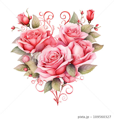 Watercolor Classic Valentine Clipart, Roses in the shape of a heart , Ai Generate Watercolor Classic Valentine Clipart, Roses in the shape of a heart , Ai Generate 109560327