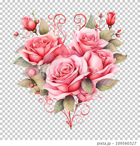 Watercolor Classic Valentine Clipart, Roses in the shape of a heart , Ai Generate Watercolor Classic Valentine Clipart, Roses in the shape of a heart , Ai Generate 109560327