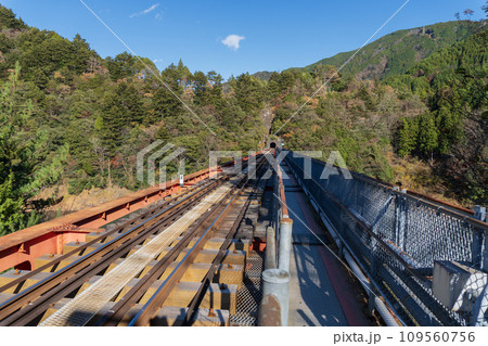 静岡県/トンネルに向かう接岨湖の上の鉄橋【大井川鉄道】 静岡県/トンネルに向かう接岨湖の上の鉄橋【大井川鉄道】 109560756