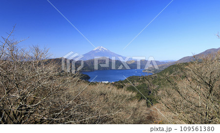 大観山から望む、冠雪した富士山と芦ノ湖 109561380