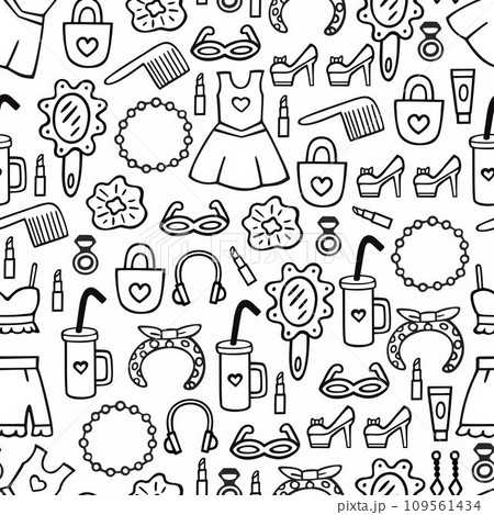 Women clothes and accessories, hand drawn doodle seamless pattern. Women clothes and accessories, hand drawn doodle seamless pattern. 109561434
