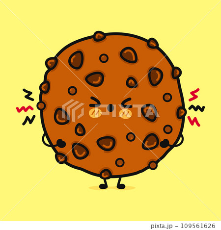 Angry Chocolate cookies character. Vector hand drawn cartoon kawaii character illustration icon. Isolated on yellow background. Sad Chocolate cookies character concept 109561626