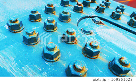 橋梁の鉄骨構造物のボルト、ナット、ワッシャーなどのクローズアップ風景 109561628