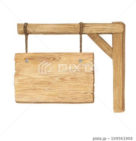 Watercolor illustration of wood sign holder, wooden plank or pointer isolated. Handmade. 109561908