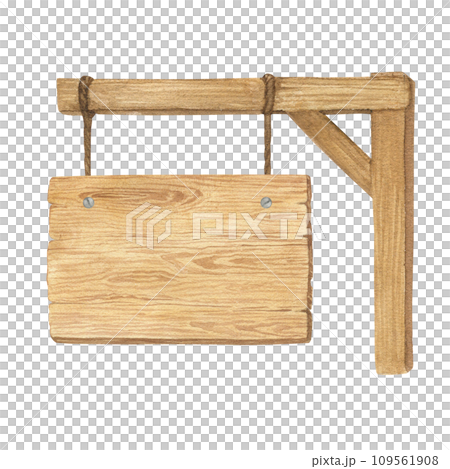 Watercolor illustration of wood sign holder, wooden plank or pointer isolated. Handmade. 109561908