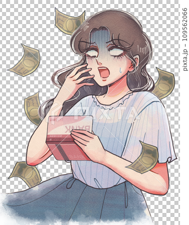 I don't have money...A cartoon-style illustration of a poor woman who has a habit of spending money. 109562066