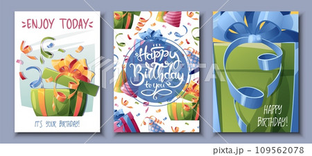 Set birthday greeting card design. Banner, flyer template with gift boxes, confetti and serpentine. Happy birthday Invitation design for holiday, anniversary, party Set birthday greeting card design. Banner, flyer template with gift boxes, confetti and serpentine. Happy birthday Invitation design for holiday, anniversary, party 109562078