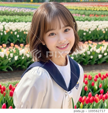 チューリップ畑を背景にしている笑顔の女子高生(Generative AI) 109562717