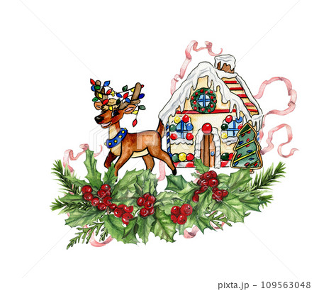 Christmas composition with deer. Christmas decoration and characters. Watercolor elements .Design for baby shower party, birthday, cake, holiday celebration design, greetings card, invitation. 109563048
