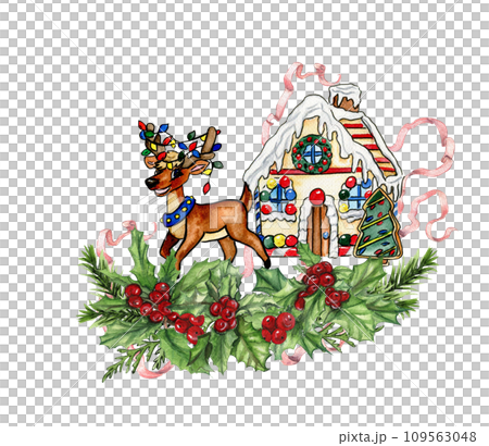 Christmas composition with deer. Christmas decoration and characters. Watercolor elements .Design for baby shower party, birthday, cake, holiday celebration design, greetings card, invitation. 109563048