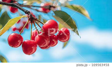 Red berries of a sweet cherry on a branch 109563458