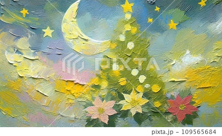 クリスマスツリーと月夜　メリークリスマス&ハッピーホリデー　油彩イラスト 109565684