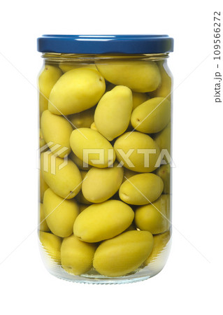 Glass jar of marinated canned olives, isolated on white. Glass jar of marinated canned olives, isolated on white. 109566272