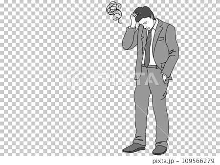 An office worker holding his head in thought and a fuzzy mark 109566279