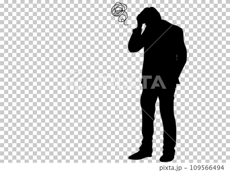 Silhouette of a worried man holding his head, full body, sideways, front view illustration 109566494