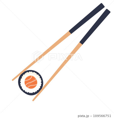 Chopsticks with sushi piece roll. Sushi utensil. Asian seafood. Vector illustration. 109566751