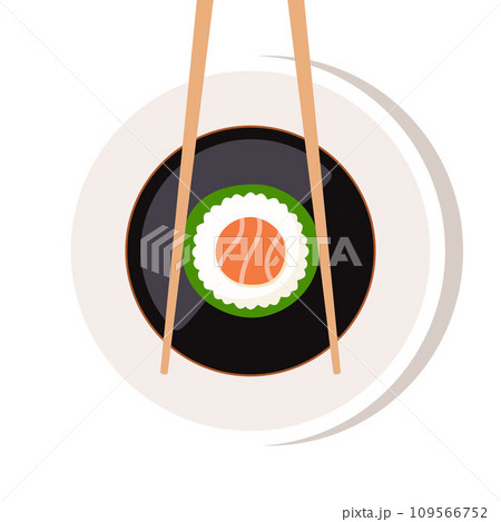Soy sauce in a bowl, chopsticks with sushi piece roll under the bowl. Japanese cuisine, traditional food. Vector illustration. 109566752