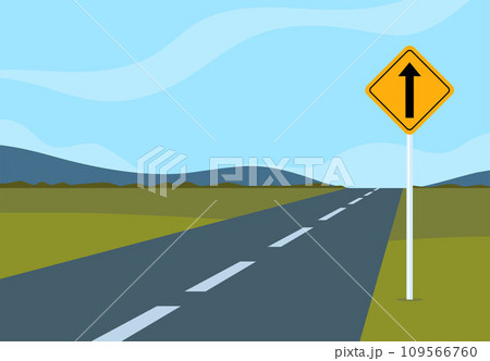 Road sign at side of the empty road. Traffic sign. Road traffic safety. Vector illustration. 109566760