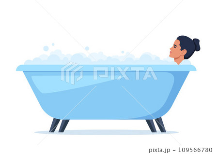 Woman in bath. Relaxed girl in bathtub with foam bubbles. Self care and hygiene, spa and relaxing. Vector illustration. 109566780