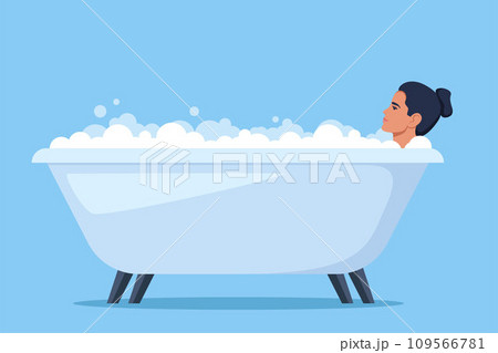 Woman in bath. Relaxed girl in bathtub with foam bubbles. Self care and hygiene, spa and relaxing. Vector illustration. 109566781