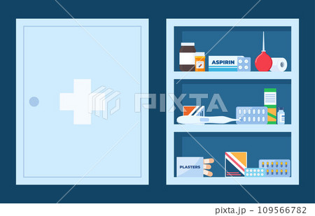 Medicine chest full of drugs, pills and bottles. Open and closed medical cabinet. Medications for first aid kit. Vector illustration. 109566782