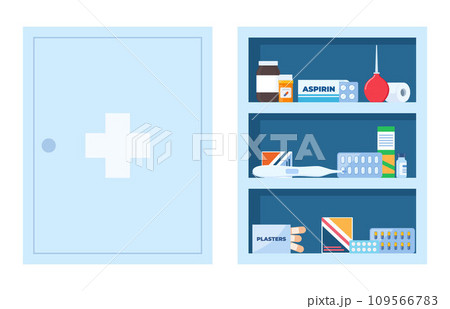 Medicine chest full of drugs, pills and bottles. Open and closed medical cabinet. Medications for first aid kit. Vector illustration. 109566783