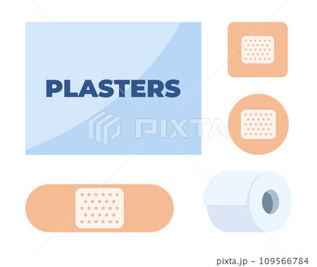 Plasters. Sticky tapes, set. Sealing wounds and injury. Antibacterial adhesive strips and rolls. Different shapes. First aid. Vector illustration. 109566784
