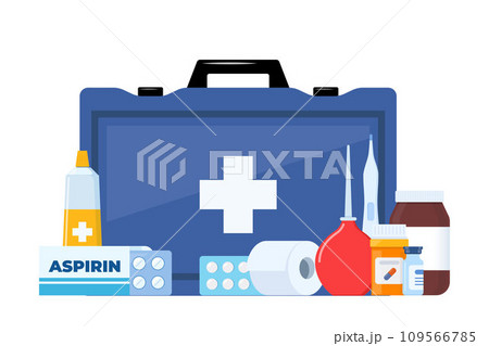 First Aid Kit for ambulance emergency, vehicle, office, travel. Medical help items. Plasters, pills, bandage, aspirin, thermometer. Elements for medical infographics. Vector illustration. 109566785
