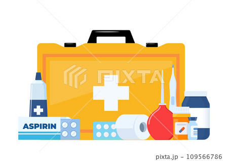 First Aid Kit for ambulance emergency, vehicle, office, travel. Medical help items. Plasters, pills, bandage, aspirin, thermometer. Elements for medical infographics. Vector illustration. 109566786