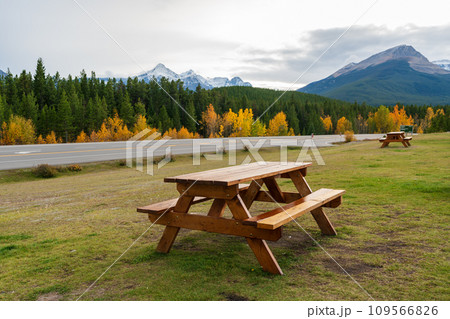 Wooden bench at Saskatchewan River Crossing parking area. The junction of Icefields Parkway (Highway 93) and David Thompson Highway (Highway 11). Banff National Park, Alberta, Canada. Wooden bench at Saskatchewan River Crossing parking area. The junction of Icefields Parkway (Highway 93) and David Thompson Highway (Highway 11). Banff National Park, Alberta, Canada. 109566826