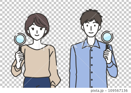 虫眼鏡を持つ男性と女性 虫眼鏡を持つ男性と女性 109567136