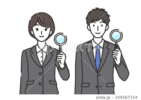 虫眼鏡を持つ女性会社員と男性会社員 虫眼鏡を持つ女性会社員と男性会社員 109567154