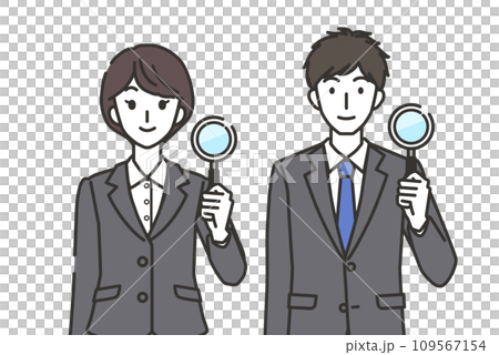 虫眼鏡を持つ女性会社員と男性会社員 虫眼鏡を持つ女性会社員と男性会社員 109567154
